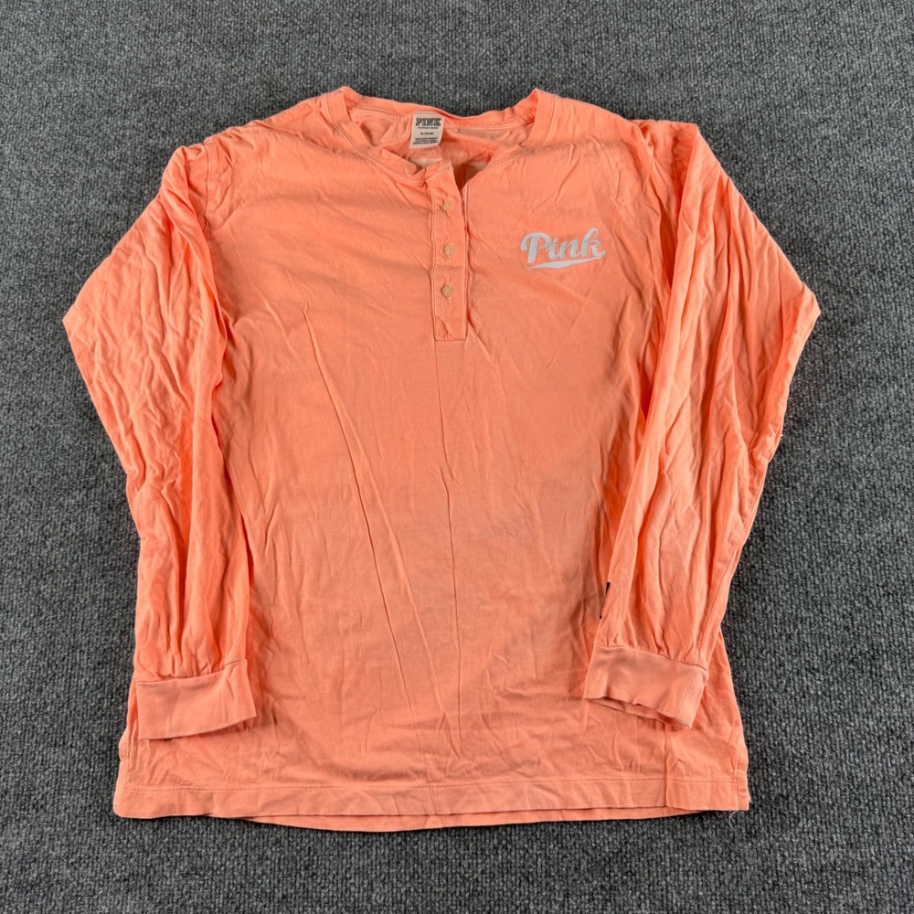 Pink Victorias Secret Henley Long Sleeve Shirt Peach Coral Palm Tree Graphic M